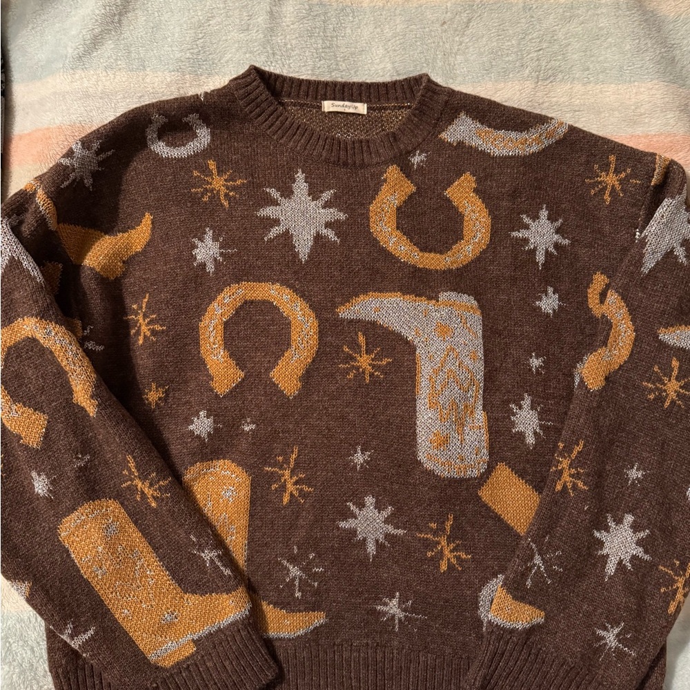 Brown and Gold Boot Patterned Women’s Sweater